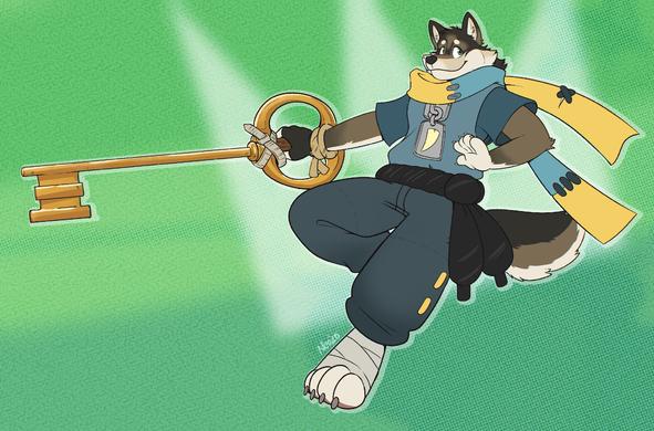 Cross, a bown and tan wolf can be seen floating in the air holding his “keyblade” out. However, the “keyblade” is actually just a gold skeleton key with zip ties holding the hilt together, indicating that Cross is quite small. He is dressed in a dark blue shir and pants with a lighter blue vest with a giant zipper containing the image of a canine tooth. Around his neck a yellow and blue scarf sewen together from scraps of fabric and giant thread waves behind him.
