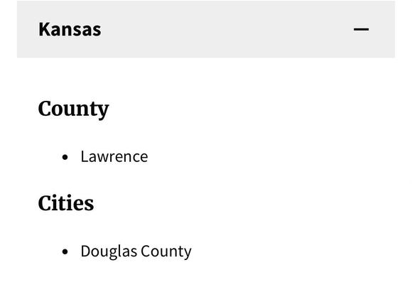 Screenshot from the DHS website listing of sanctuary cities, counties, and states. Under the state of Kansas, it shows the County of Lawrence and the City of Douglas County.