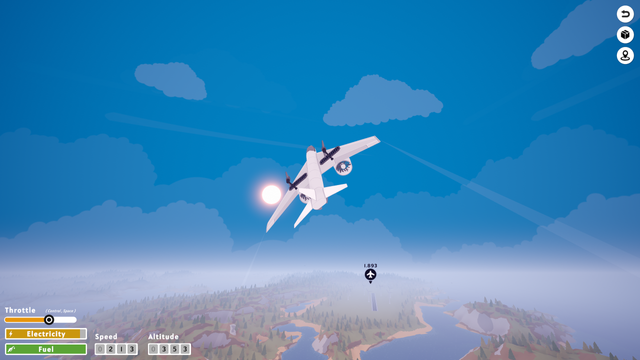 elektroflugzeug, auf den flügeln solarpanele, hintergrund blauer himmel, leicht bewölkt, darunter landschaft mit fluss, wald und flugplatz