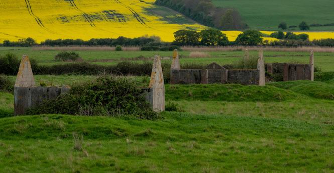 Several large buildings have no roof, and undergrowth growing over them. Behind, there's a field of yellow oilseed rape, and another green field.