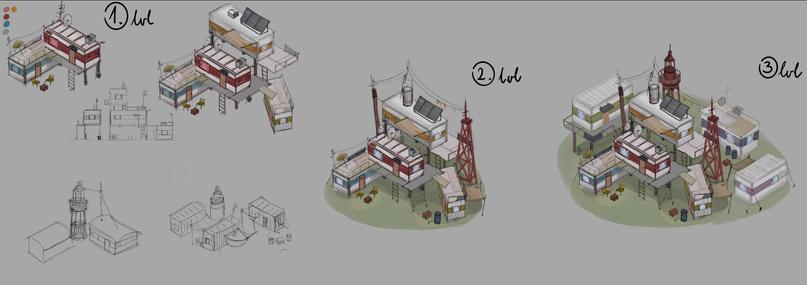 concept art of three levels of container homes using upcycled container ship parts and buoys