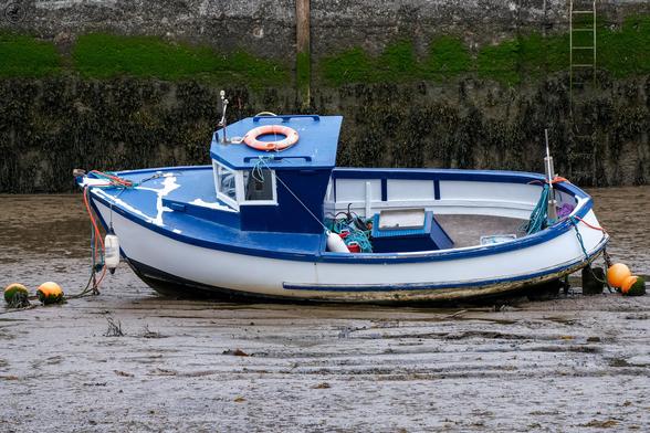 blue ad white small boat at rest in muddy low water harbour