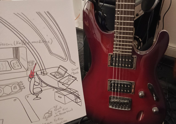 A photo of a guitar and a drawing of a game scene with a guitar. Both guitars are red.