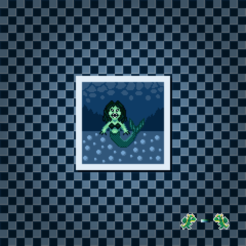 A mermaid monster inside of a polaroid frame on a checkerboard background using an analogous colour scheme