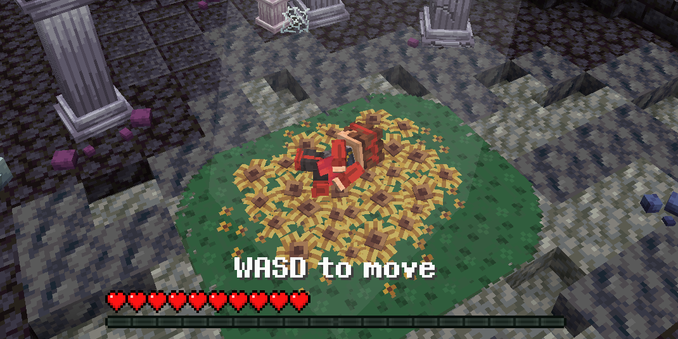 A chibi character lies in a bed of flowers as in-game text prompts the player to use “WASD to move”
