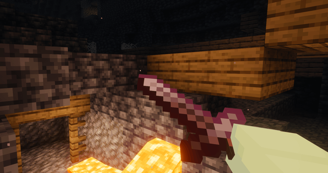 First-person perspective of a Minecraft character in virtual reality holding a netherite sword in an abandoned mine-shaft, dimly lit by lava.