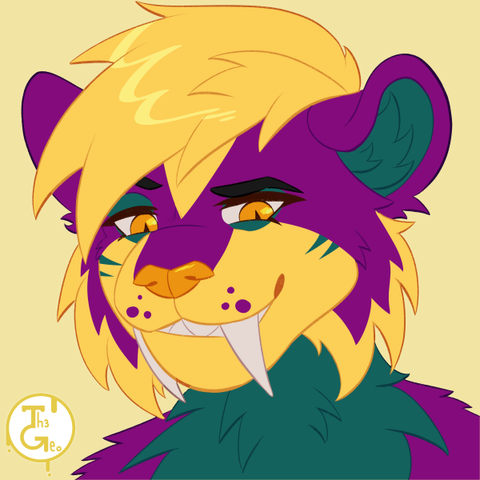 - Drawing Type:
(Repost) Normal Style / Flat Color / Icon

- [ 1 ] Character/s:
* Furry / Male / Sabertooth

- Background:
Flat Color

- Description:
Drawing of a purple sabertooth with yellow and green details in his fur/hair. He's looking at the viewer with a soft smile