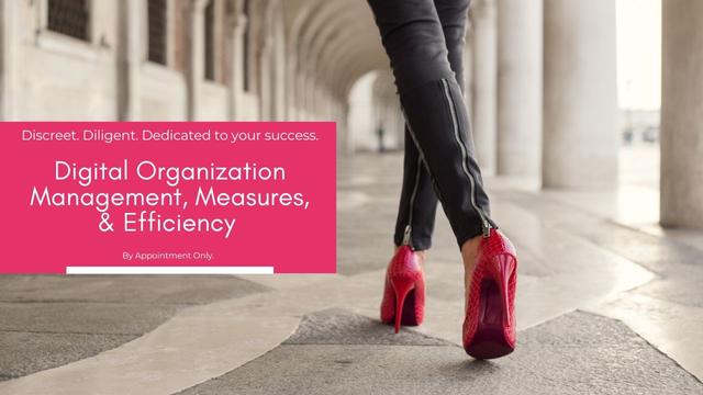 A photo of a woman's legs in skinny fit jeans with zippers down the back of the lower leg to the ankle. She is wearing dark pink high heels. She is walking outside through an arched walkway with stone pillars and stone tiles. There is a text box that reads, "Discreet. Diligent. Dedicated to your success. Digital Organization Management, Measures, & Efficiency. By appointment only."