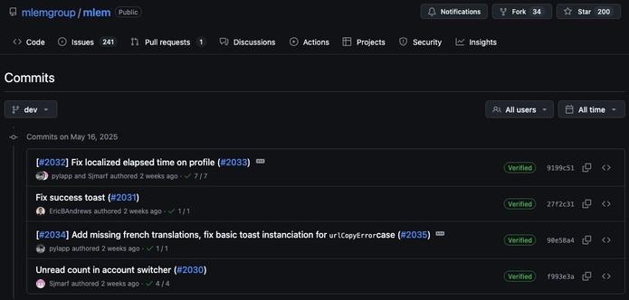 A screenshot of a GitHub repository titled "mlemgroup/mlem" displaying recent commits made on May 16, 2025. The commits include fixes for localized elapsed time, French translations, bad display of elapsed time. Commits author is user pylapp. Mlem project as up to 34 forks and 20 stars.