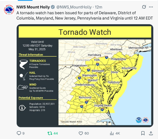 "A tornado watch has been issued for parts of Delaware, District of Columbia, Maryland, New Jersey, Pennsylvania and Virginia until 12 AM EDT"