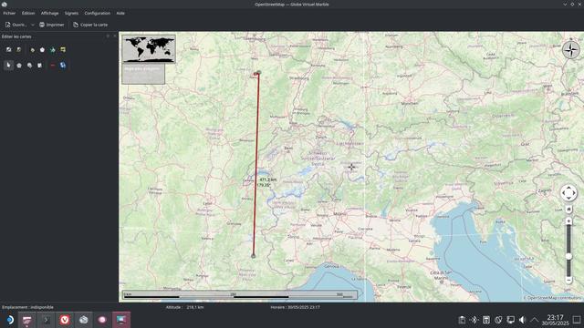 Là, c'est encore pire, le GPS m'a téléporté à 470 km en un instant…
Distance mesurée dans Marble (KDE Maps)