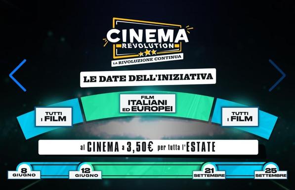 L'immagine presenta un banner promozionale per un'iniziativa cinematografica chiamata "Cinema Revolution". Il logo "Cinema Revolution" è in alto, con la frase "La rivoluzione continua" sottostante. Il banner annuncia che "Film Italiani ed Europei" saranno proiettati a un prezzo di 3,50€ per tutta l'estate. Le date dell'iniziativa sono indicate in basso: dal 8 giugno al 25 settembre. Le date sono evidenziate con colori diversi: blu per giugno e settembre, e verde per il periodo centrale. Il testo "Tutti i film" è ripetuto su entrambi i lati del banner, indicando che tutti i film sono inclusi. Lo sfondo è scuro con effetti luminosi, conferendo un aspetto moderno e dinamico.

Fornito da @altbot, generato localmente e privatamente utilizzando Ovis2-8B