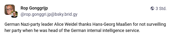 German Nazi-party leader Alice Weidel thanks Hans-Georg Maaßen for not surveilling her party when he was head of the German internal intelligence service.