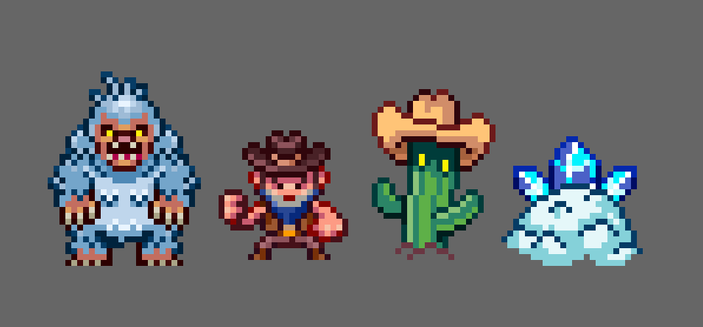 Yeti, Cowboy, Cactus and Snowling enemies in glorious pixel art.