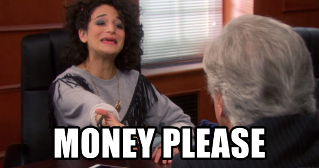 Meme from Parks and Recreation: A woman with curly brown hair sitting in a chair at a desk and saying "Money Please" while holding out her hand to a man with grey hair.