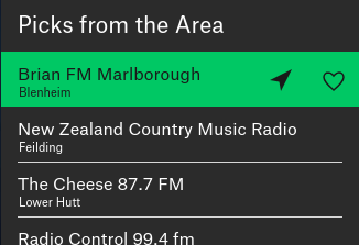 A partial screenshot of Radio Garden showing a selection of 'Picks from the Area' for the Wellington area of Aotearoa/New Zealand. 

The names of the stations shown are:
Brian FM Marlborough (Blenheim)
New Zealand Country Music Radio (Feilding)
The Cheese 87.7 FM (Lower Hutt)
Radio Control 99.4 fm