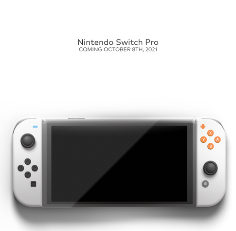 a render of a blue-orange-white themed Switch OLED-esque console. the caption above says: "Nintendo Switch Pro, coming October 8th, 2021",