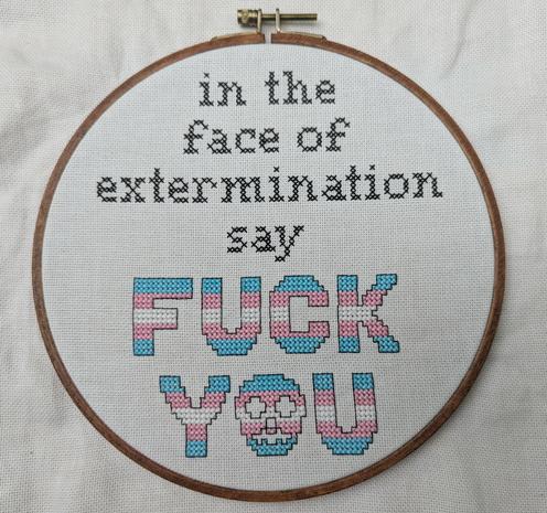 photo of a cross stitch project in an 8" wood hoop with the stitched text:

"in the face of extermination say
FUCK YOU"

the "fuck you" is stitched in large block letters in blue, pink and white colors of the trans pride flag. also, the "O" is a skull.