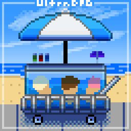 Pixel art of a food cart selling cold treats at a beach.