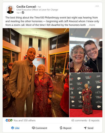 Cecilia Conrad, economist, making a LinkedIn post about the NYC Top 100 philanthropy event in NYC recently and calling out Steph Curry and Jeff Atwood specifically.