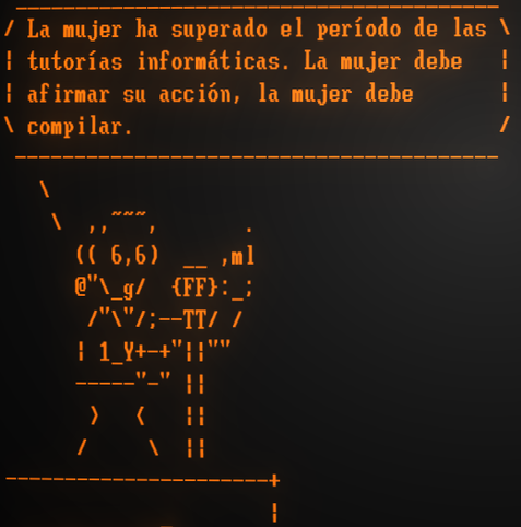 Un arte ASCII de Evita en el balcón frente a un micrófono que proclama: "La mujer ha superado el período de las tutorías informáticas. La mujer debe afirmar su acción: la mujer debe compilar".