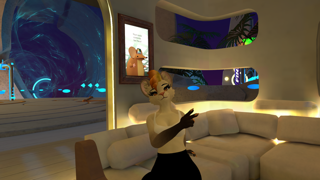 Another picture in VRChat with my fursona. She is sitting on a couch looking at the camera while making a peace sign.