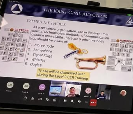 A slide showing the 5 methods of communication if technology becomes unavailable:

1. Morse code
2. Semaphore
3. Signal flags
4. Whistles
5. Bugles

There is a large bugle on the slide