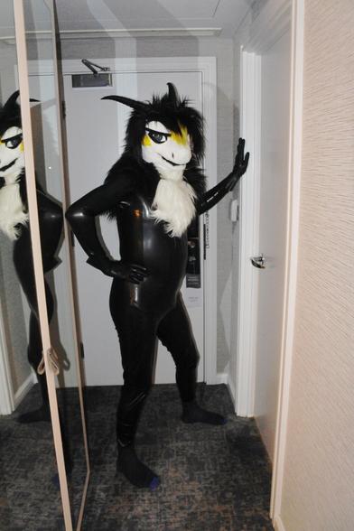 Fursuit photo - impromptu shot of a fluffy dragon wearing a polished black latex catsuit. He is standing in the hotel room hallway and is lit by the camera flash.