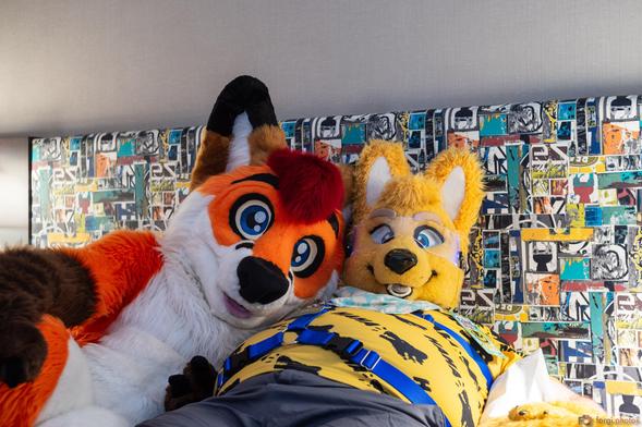 Colto Fox (tall orange, white, brown and red fox fursuiter) in full fursuit on a bed snuggling with Cyber Kitsune (yellow and white fox fursuiter) in partial fursuit with a yellow shirt, blue harness and a checkered cyan/white bandana. They are both facing the viewer and there is a very textured bed frame behind them.