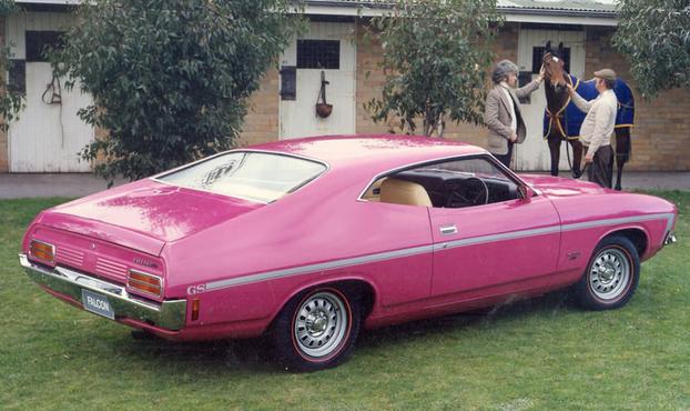 1973 Ford Falcon GS hardtop, in pink.