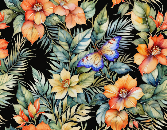 A bold tropical fabric pattern featuring watercolor-style orange and yellow hibiscus flowers, lush green leaves, and a blue butterfly, on a deep black background.