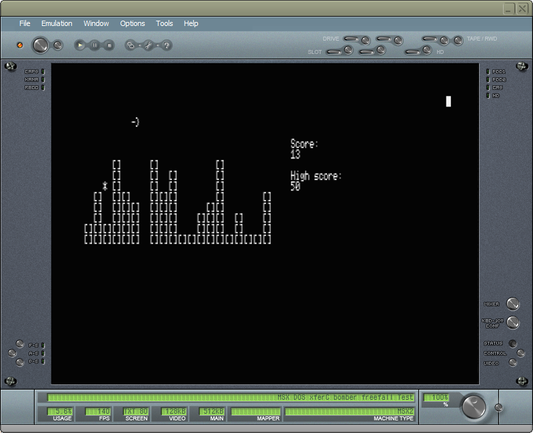 Screenshot of MSXBlue running the real time z-machine game bomber.z5 on Vezza.