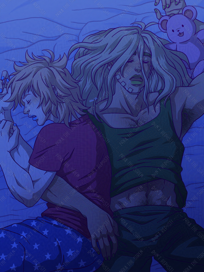 Illustration of Johnny Joestar and Gyro Zeppeli from Jojo's Bizarre Adventure: Steel Ball Run, sleeping together. Johnny is sleeping sideways, Gyro has one of his arm around Johnny, and the other one around his pink teddy bear.