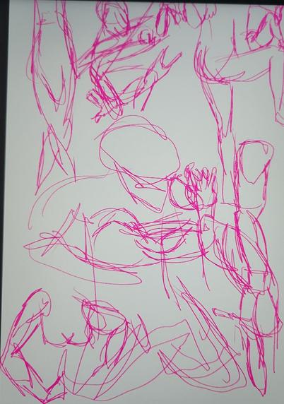 A mass of pink lined full body gestures they are overlapping each other making it fairly unreadable. There's a blanket head and a raised led and extended arm visible easily.