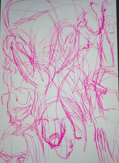 An even bigger jumble of gestures these are heads and expressions there are 20 pink lines overlapping each other. A hand and a frowny face with beard is the most visible.