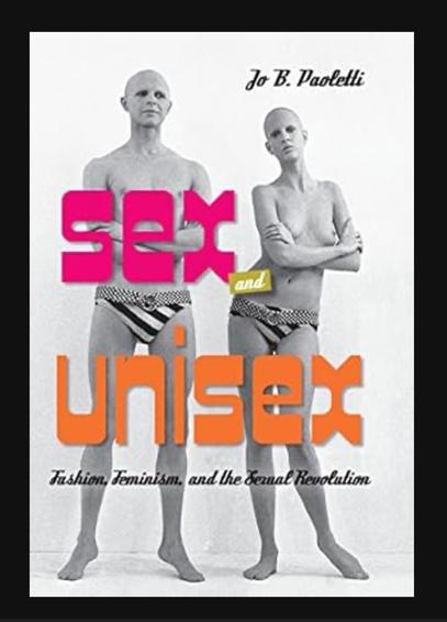 The cover of a book titled “sex and unisex” depicting two topless bald models.