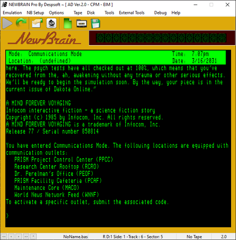 Grundy NewBrain emulator playing the Infocom classic A Mind Forever Voyaging.