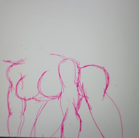 A rough sketch of a buff woman on her hands and knees no head a pose practice pink sketch lines.