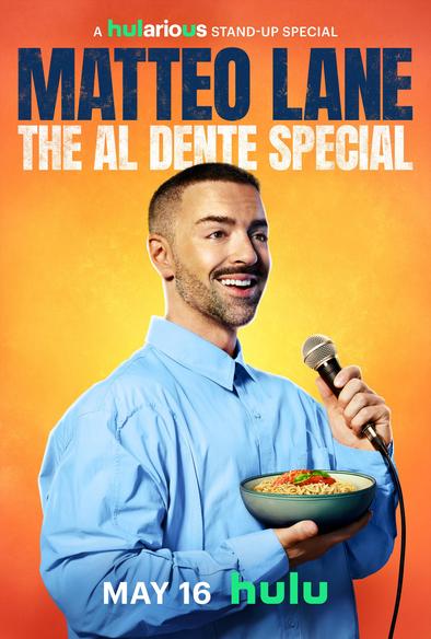 Promotional image for the Matteo Lane Al Dente Comedy Special - 2025 - Shows a man standing with a plate of pasta on a gold orange background