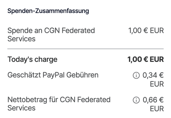 Eine exemplarische 1€-Spende über Paypal, die 34 Cent Gebühren kostet