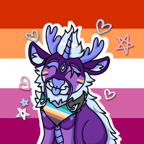 Purple kirin wearing disability pride bandana sticking her tongue out at the viewer against lesbian flag background with pink, blue, and white hearts/stars