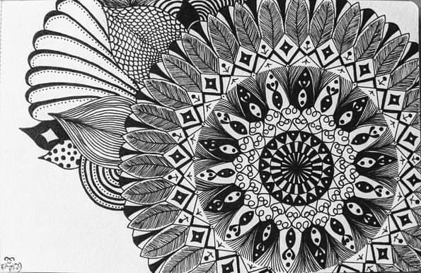 A mandala in black and white with vegetation-like excrescence blooming on one side.