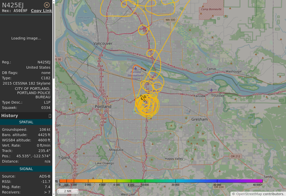 a bot-generated map of Portland Oregon, showing a flight track