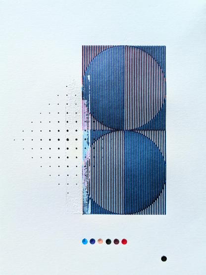 Abstract pen plotted print made with overlapping red and blue pen lines