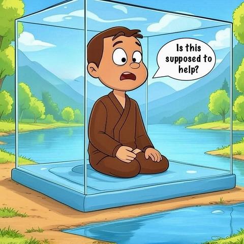 A humorous cartoon illustration of a young person sitting cross-legged inside a transparent box by a serene lake, surrounded by green trees and mountains under a blue sky with a few clouds. The person wears a brown outfit and has a confused expression, with a speech bubble saying, “Is this supposed to help?” The box rests on a blue mat, adding a playful twist to the box breathing meditation concept.