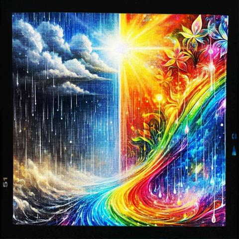 A split composition illustrating contrast between stormy turmoil and serene beauty. On the left, dark clouds unleash heavy rain over a raging ocean, filled with tension. On the right, sunlight bathes a tranquil, colorful seascape with gentle waves and lush greenery. A glowing light marks their meeting, symbolizing balance, resilience, and transformation.