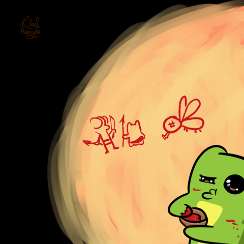 In a cave with poor lumination a Froggelio with a bowl of red paint can be seen dirty from the paint looking their creation. Their creation being a paint in the wall of two frogs, froggelio and frogencia, and a big gigantic enormous fly in red colors resembling those of cavemen.