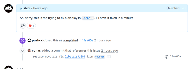 Screenshot of a github issue where I close it with a commit and the next line attributes the same commit to a rando with a Mr. Bean avatar.