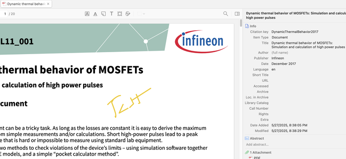 A screenshot of Zotero on the Mac showing an Infineon application note with the word "Test" poorly scribbled on it as PDF markup.