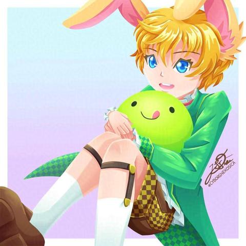 Digital art of kemonomimi rabbit boy holding a green ball called VG
